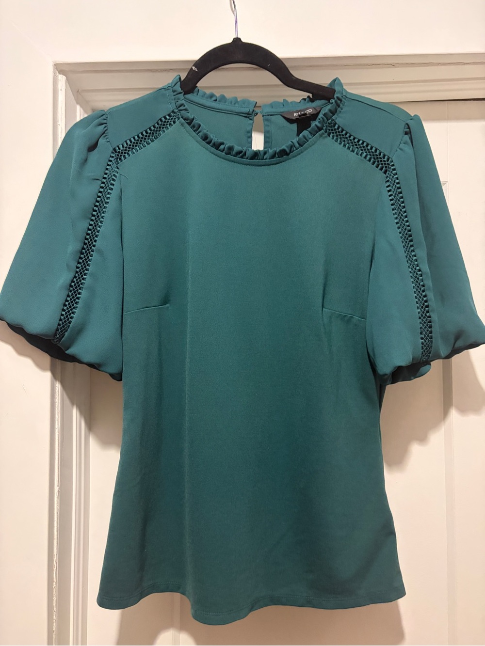 RW&CO. Teal Ruffle Neck Short Sleeve Blouse